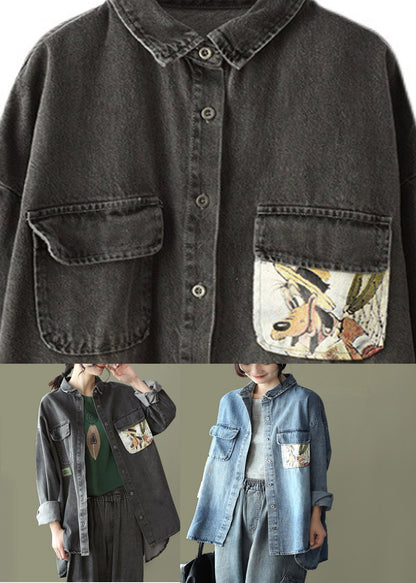 Black Peter Pan Collar Print Cotton Denim Shirt Long Sleeve