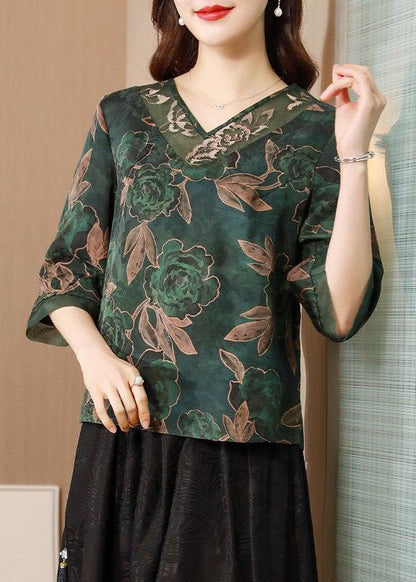 Green V Neck Jacquard Original Design Silk Two Pieces Set Summer
