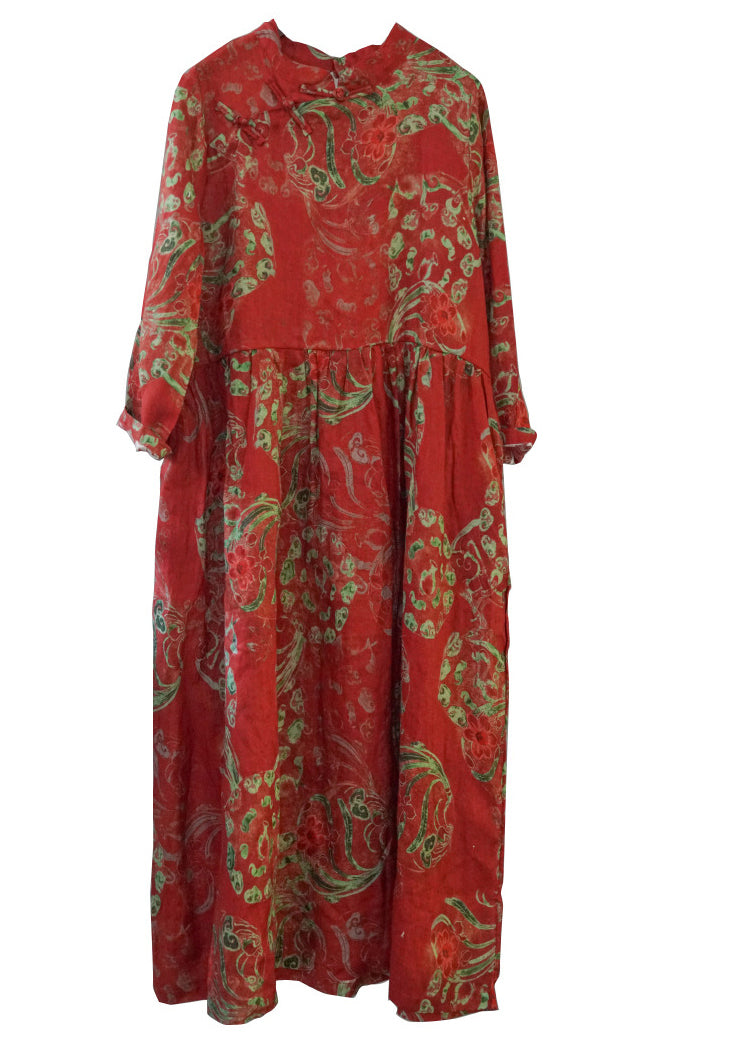 Chinese Style Red Mandarin Collar Cinched Print Linen Dress Long Sleeve