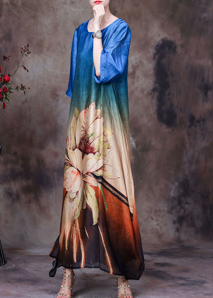 French Blue Gradient Color O-neck Print Layered Silk Vacation Dress Half Sleeve