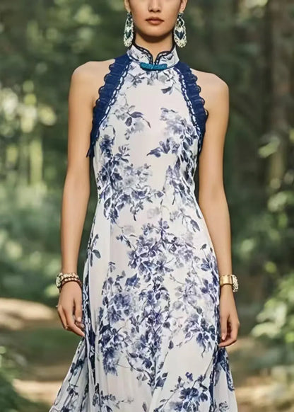 New Retro Cold Shoulder Print Chiffon Party Dress Summer