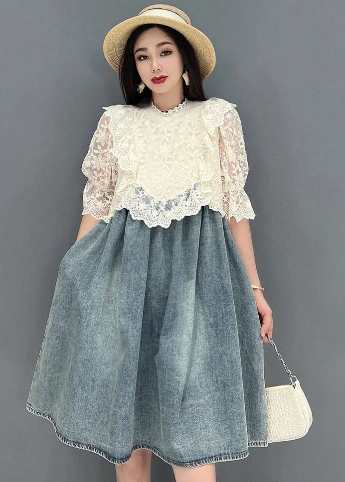 French Blue Stand Collar Hollow Out Lace Patchwork Cotton Denim Mid Dresses Short Sleeve Summer