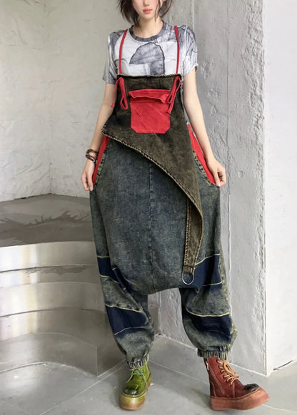Black Pockets High Waist Patchwork Denim Jumpsuit Sleeveless