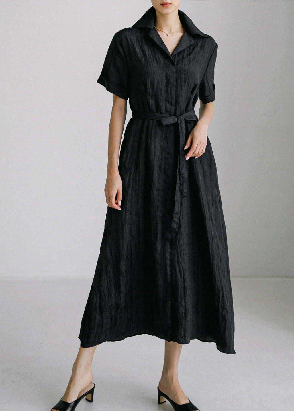 Diy Black Peter Pan Collar Button Tie Waist Shirts Dress Short Sleeve