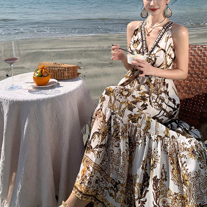 Brown Print Chiffon Beach Sundress Summer