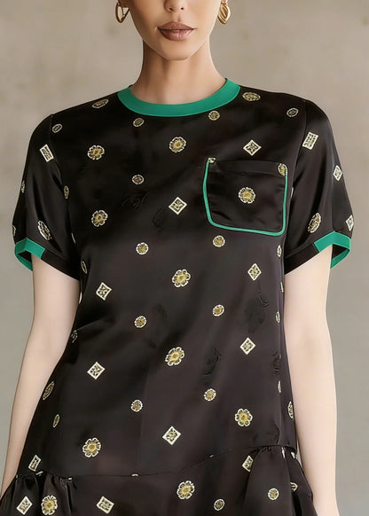 Black O Neck Print Wrinkled Silk Mid Dress Summer