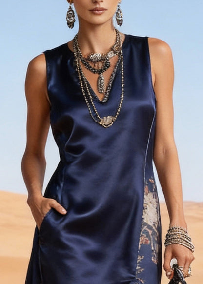 Navy Asymmetrical Patchwork Side Open Silk Holiday Dress Sleeveless Summer