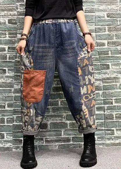 Blue Pockets Patchwork Print Denim Harem Pants Spring