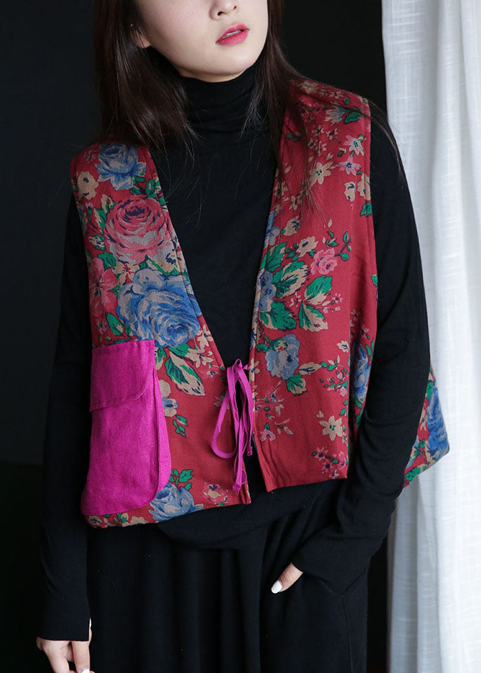 Diy Red Print Oversized Tie Waist Fine Cotton Filled Vest Spring