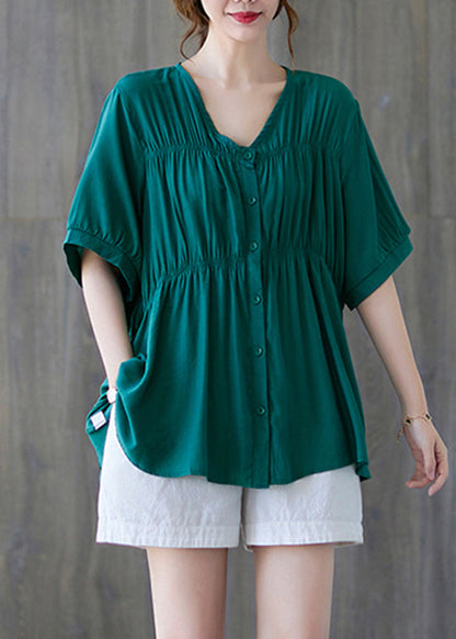 Green V Neck Buttton Wrinkled Cotton Shirt Tops Short Sleeve