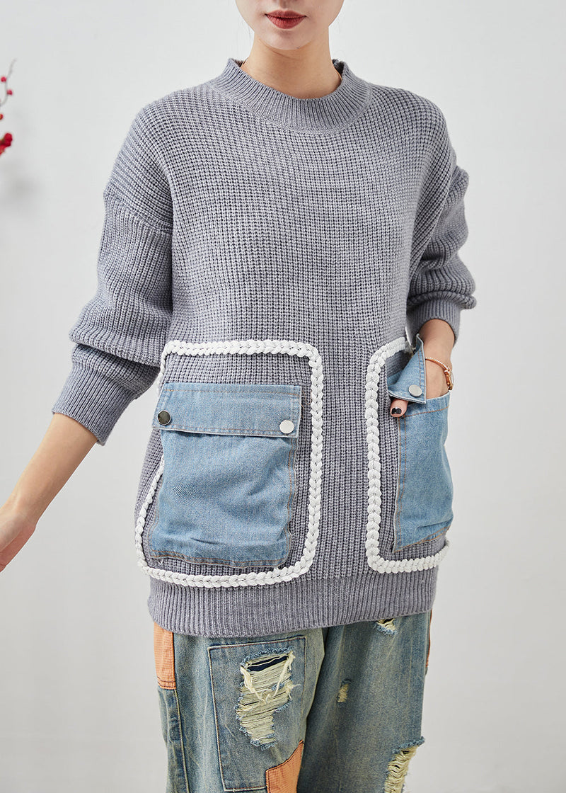 Grey Oversized Patchwork Pockets Knit Sweater Tops Winter