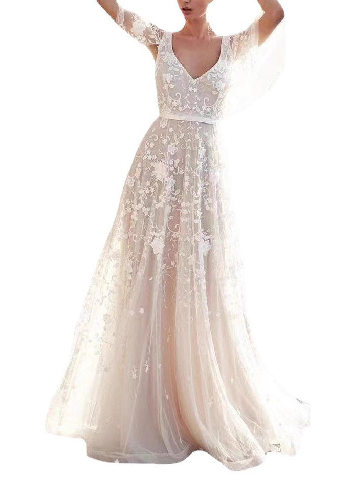 White V Neck Backless Tulle Lace Long Dress Summer