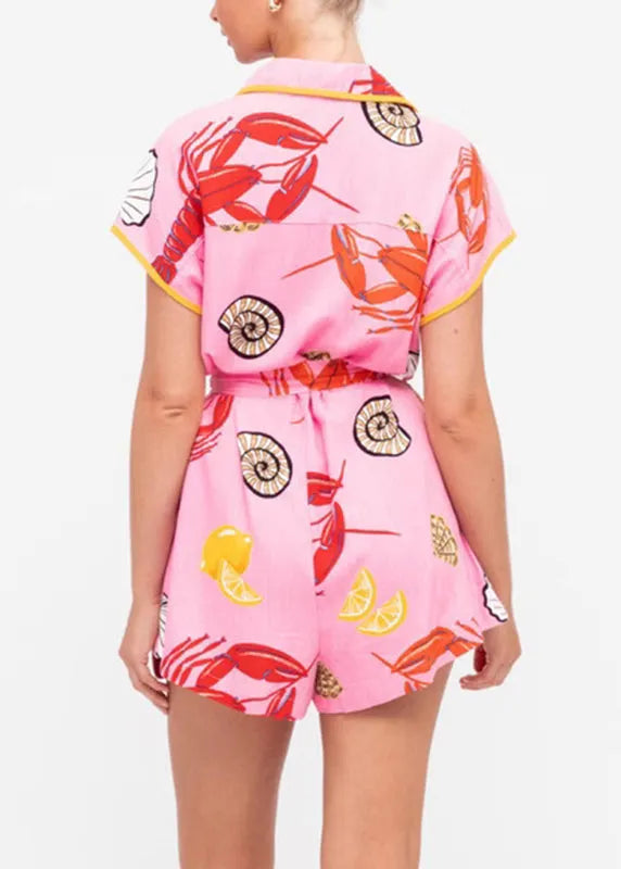 Fitted Pink Peter Pan Collar Tie Waist Linen Jumpsuit Summer