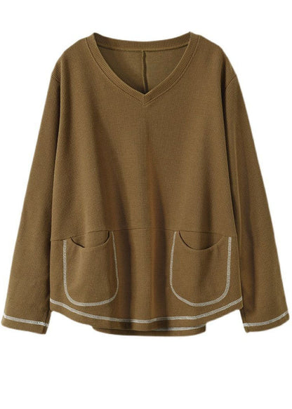 Black V Neck Pockets Patchwork Cotton Sweatshirts Top Long Sleeve