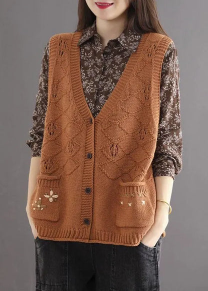 Orange V Neck Button Pockets Cotton Knit Waistcoat Sleeveless