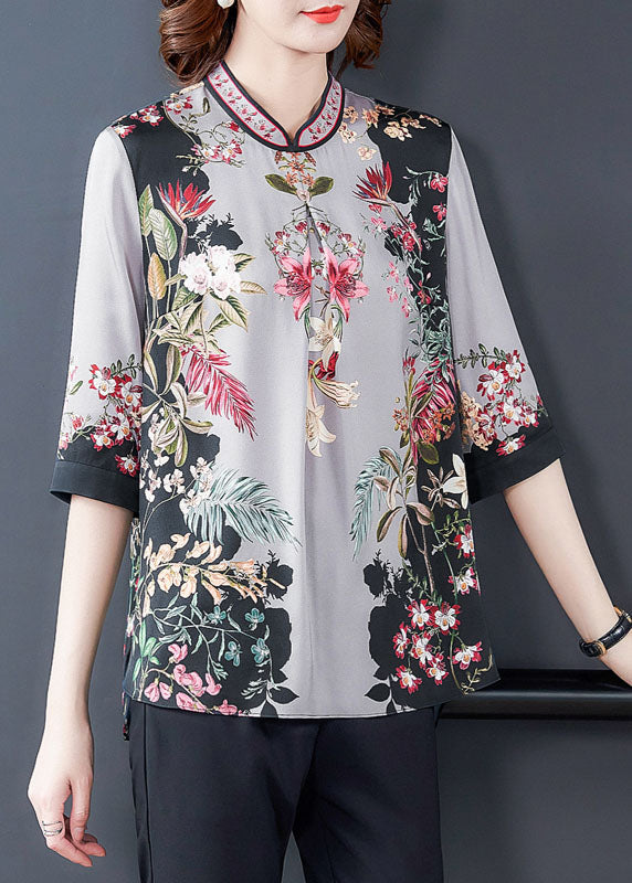 Grey Print Silk Top Stand Collar Half Sleeve