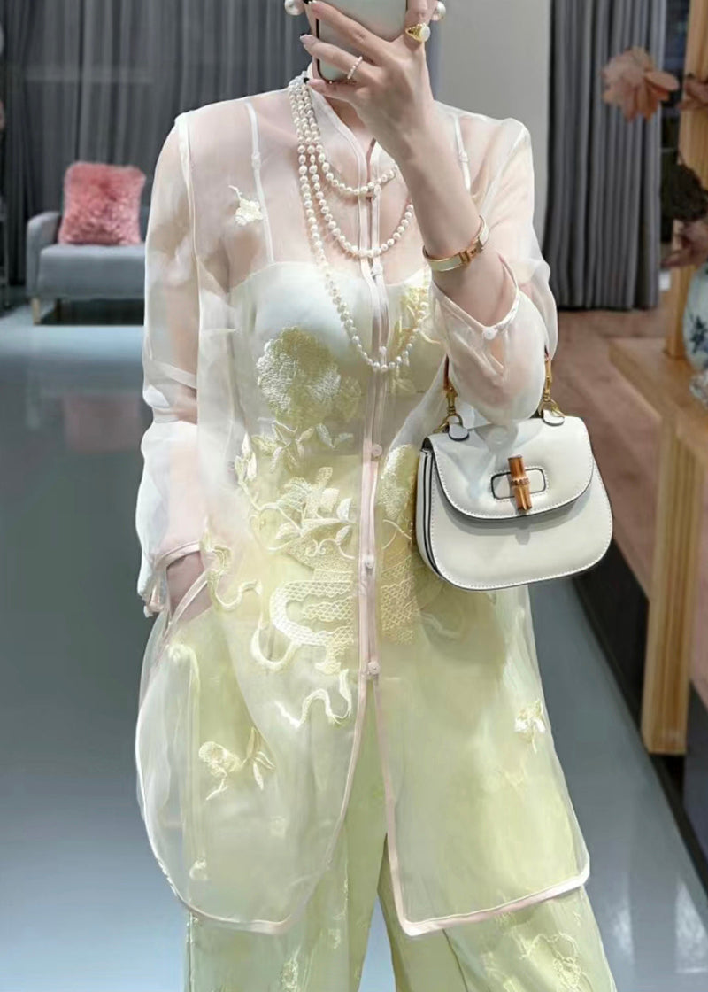 White Embroidered Button Tulle Shirts Long Sleeve