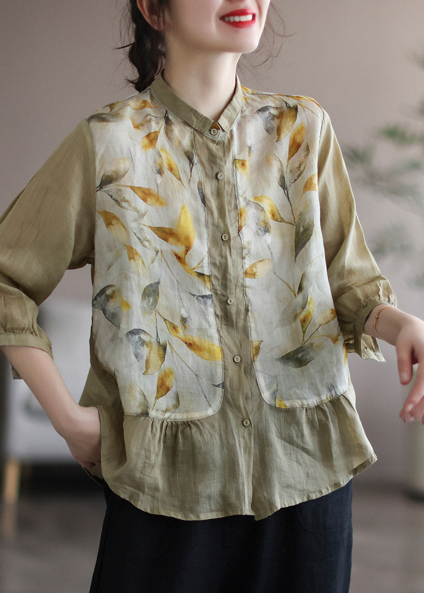 Khaki Peter Pan Collar Print Linen Shirt Long Sleeve