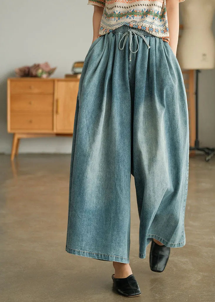 Loose Blue Cinched Pockets Denim Wide Leg Pants Spring