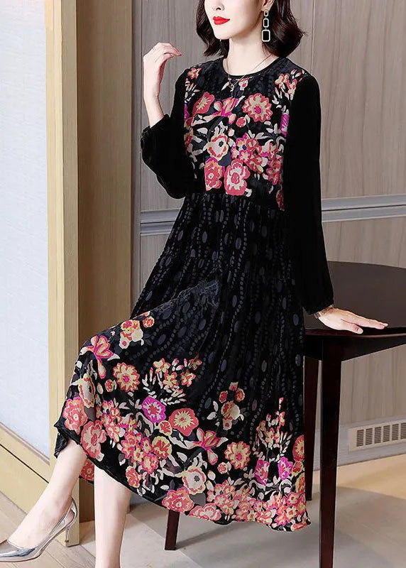 Organic Black O-neck Patchwork Print Velour Dresses Spring