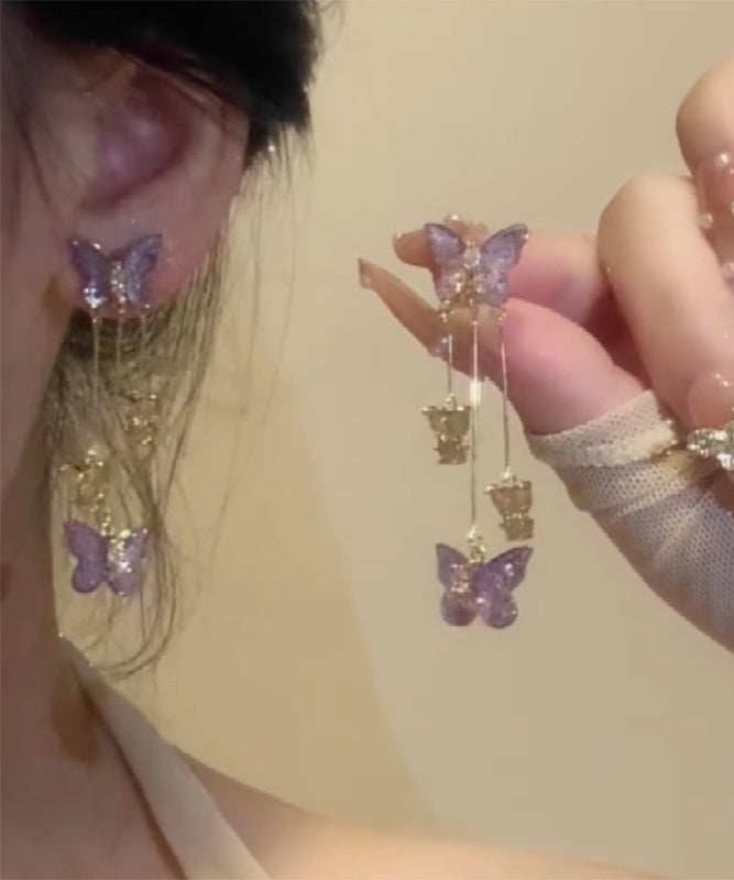 Purple Copper Alloy Zircon Crystal Butterfly Tassel Drop Earrings