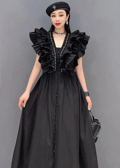 Style Black V Neck Original Ruffles Cotton Long Dress Vestidos Sleeveless