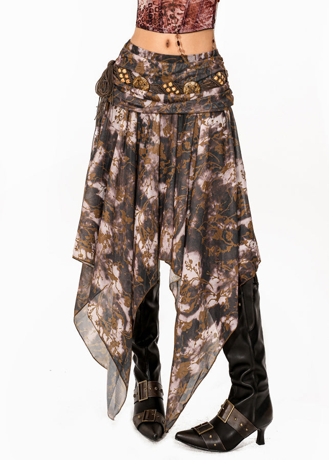 Coffee Asymmetrical Print a Line Skirt