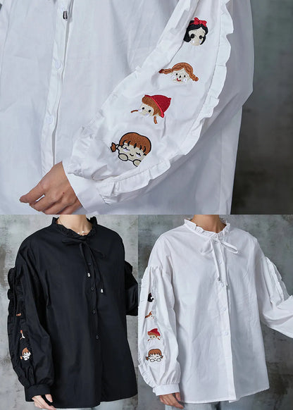 Diy Black Character Embroidered Cotton Top Spring