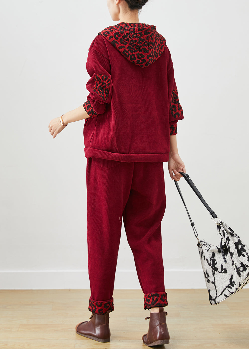 Mulberry Hooded Patchwork Leopard Warm Fleece Two Pieces Set Winter