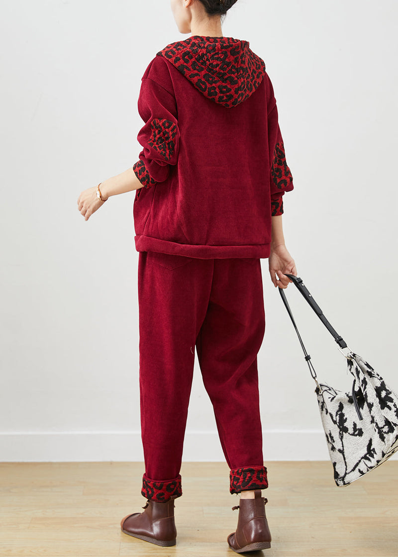 Mulberry Hooded Patchwork Leopard Warm Fleece Two Pieces Set Winter