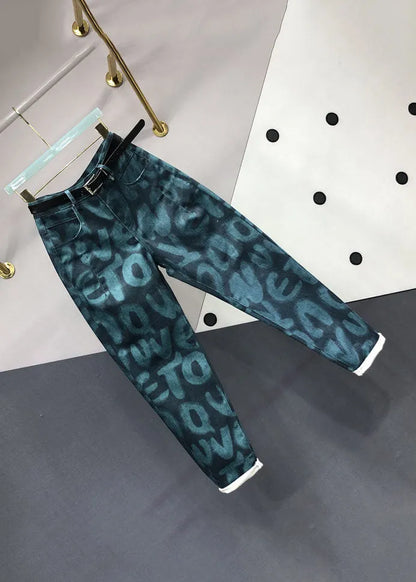 Green Pockets Graphic Print Jeans Fall
