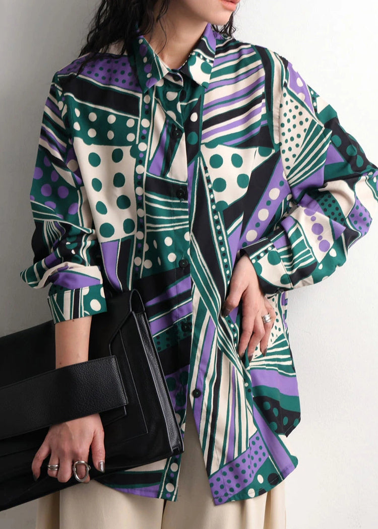 Green Oversized Print Chiffon Shirt Top Fall