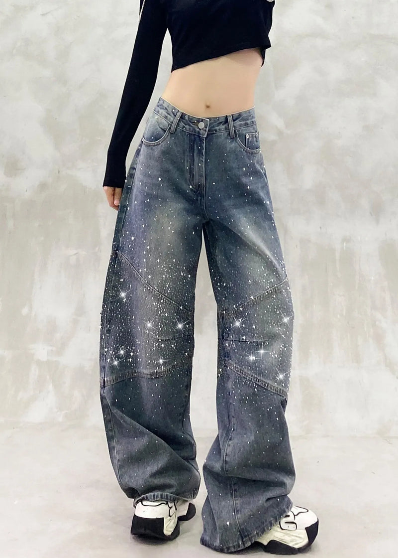 Autumn New High Waisted Zircon Denim Straight Leg Pants