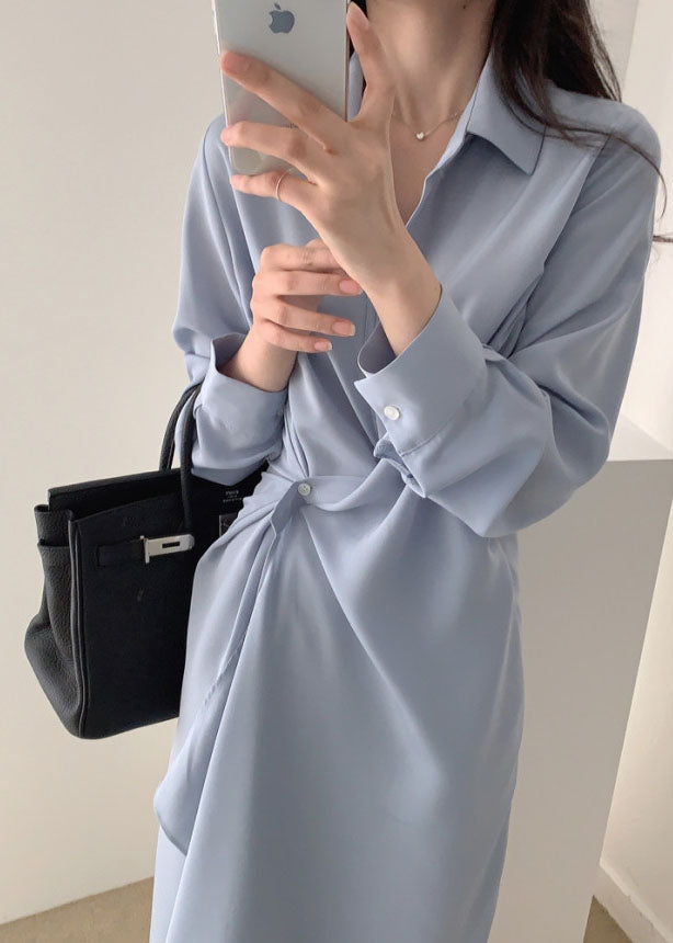 Blue Asymmetrical Cotton Holiday Dress Long Sleeve