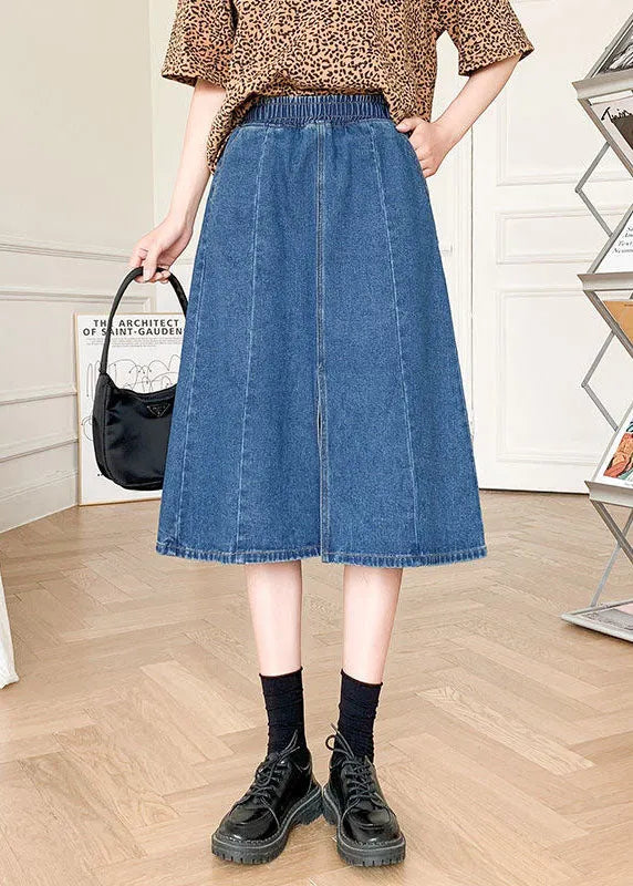 Boutique Denim Blue Elastic Waist Side Open Cotton a Line Skirt Summer