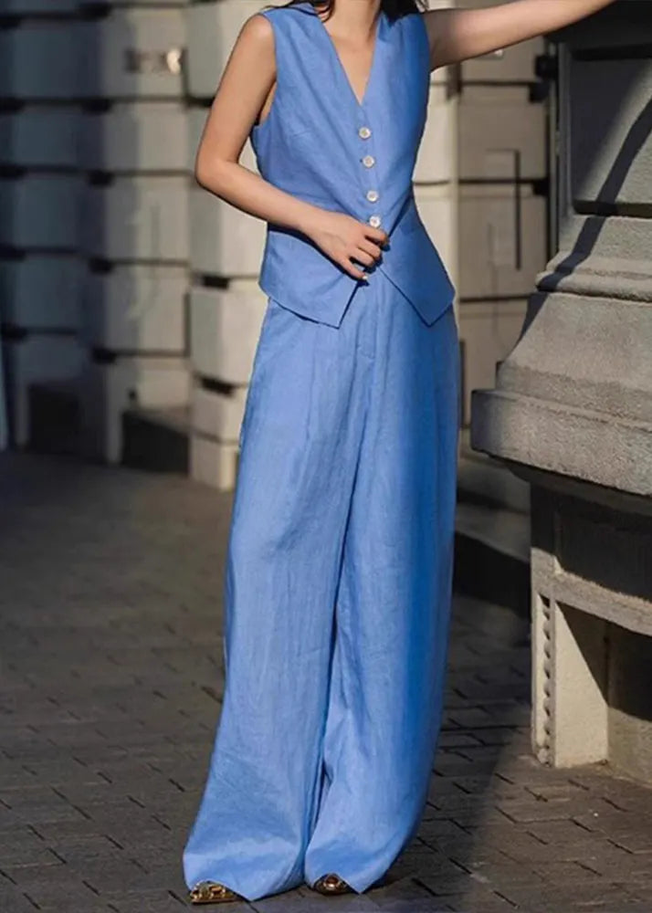 Blue V Neck Button Waistcoat and Straight Pants Two Pieces Set Sleeveless