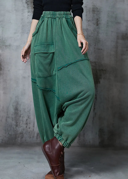 Green Oversized Asymmetrical Cotton Harem Pants Fall