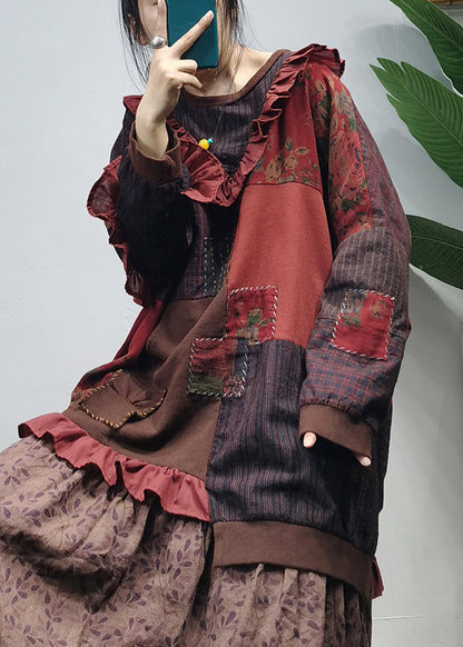 O-neck Asymmetrical Design Ruffled Patchwork Cotton Top Long Sleeve