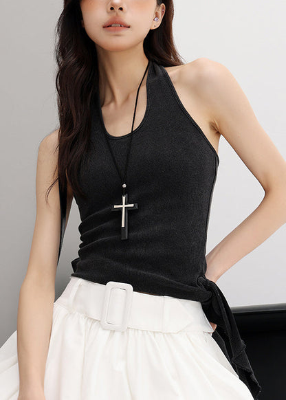 Black Backless Halter Knit Tank Sleeveless