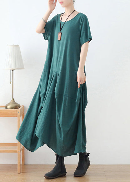French Green O-neck Wrinkled Cotton Party Dress Short Sleeve