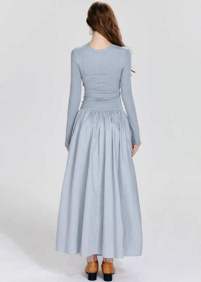 French Black O-neck Asymmetrical Wrinkled Maxi Dresses Spring