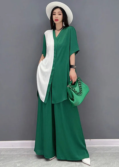 Green Patchwork Chiffon Tops and Wide Leg Pants Two Pieces Set V Neck Tie Waist Summer