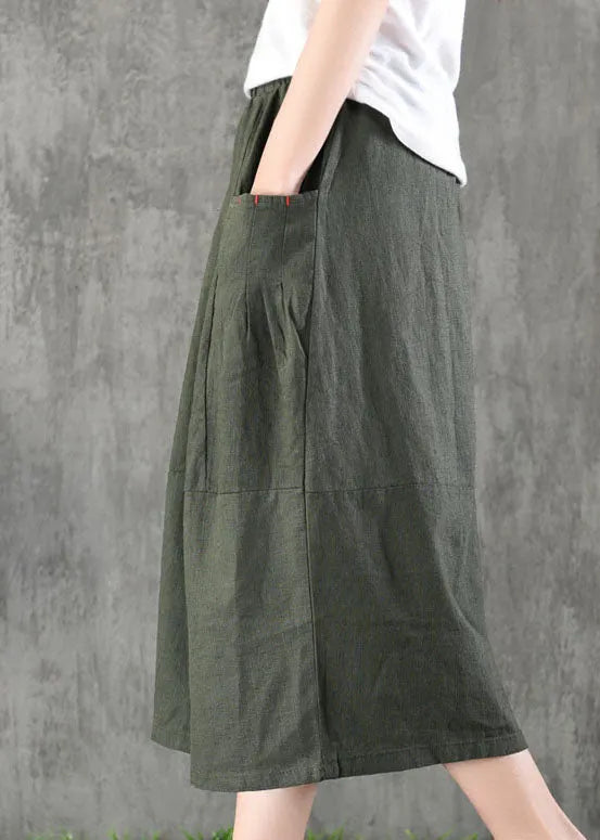 Khaki Elastic Waist Pockets Cotton Linen a Line Skirt Spring