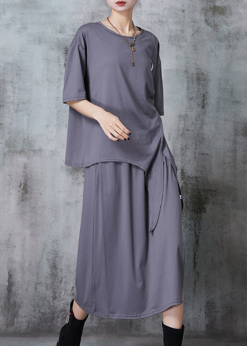 Grey Asymmetrical Side Open Cotton Two Pieces Set Summer