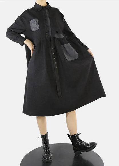 Style Black Asymmetrical Design Cinched Peter Pan Collar Denim Dress Spring