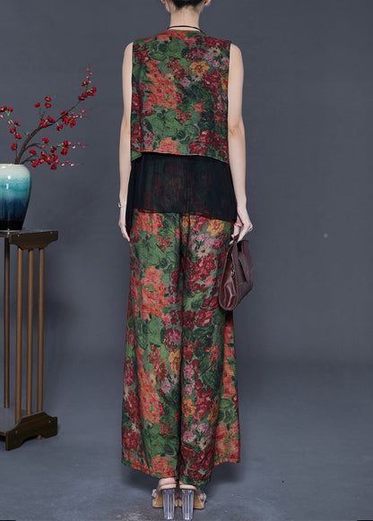 French Green Print Patchwork Linen Two Pieces Set Summer