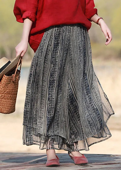 Blackish Blue Elastic Waist Silk Wide Leg Pants Skirt Summer