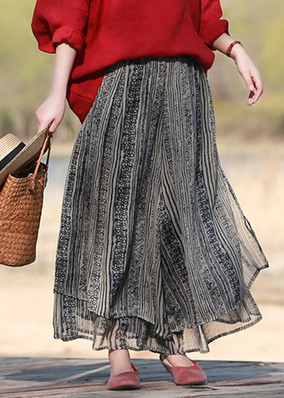 Blackish Blue Elastic Waist Silk Wide Leg Pants Skirt Summer