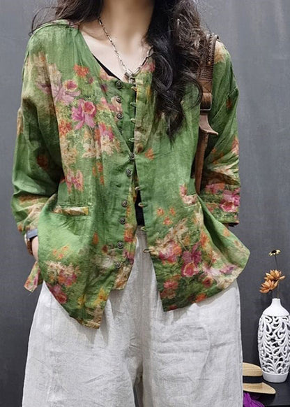 Green O-neck Pockets Linen Shirt Spring