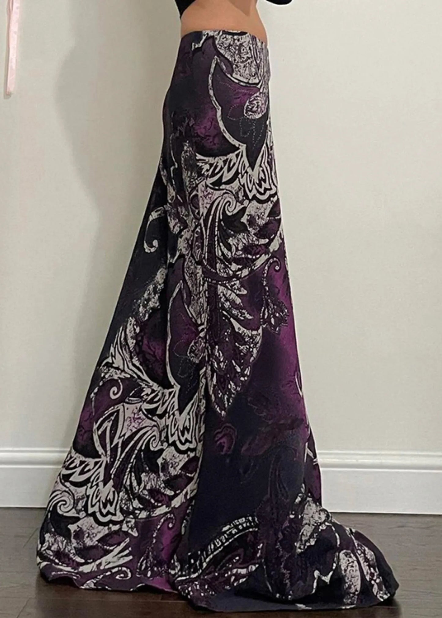 Retro Purple Print Elastic Waist Cotton Maxi Skirts Summer